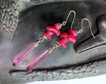 Vintage Rare Handmade Japanese Cranberry Glass Pop Corn Bead Glass Earrings, with Translucent Dangle, E2-17