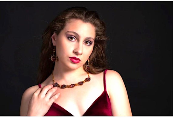 Red and Gold Glass Star Necklace in Vintage Brass Setting, Chic
