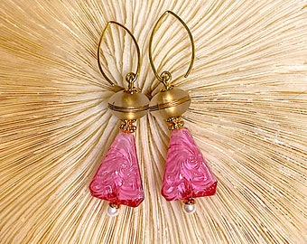 Rare Art Deco Lalique Style Pink Glass Dangles Topped with Clear Frosted Glass Rondelle Beads, Floral Design, E1-17