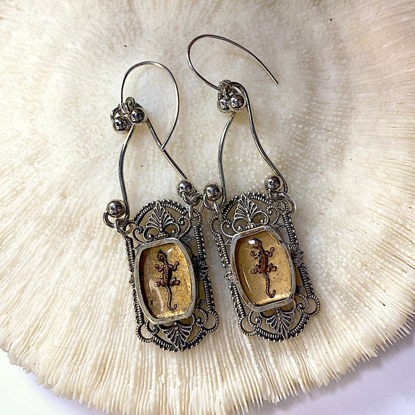 Hand Painted Ginkgo Intaglio Dangles with Vintage Silver Plate Frames, 2 1/2", 1A-23