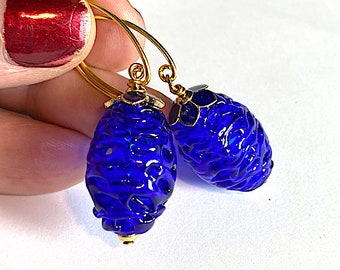 Vintage Handmade Cobalt Blue Lace Drop Earrings with Gold Vermeil Ear Wires, 1C-12