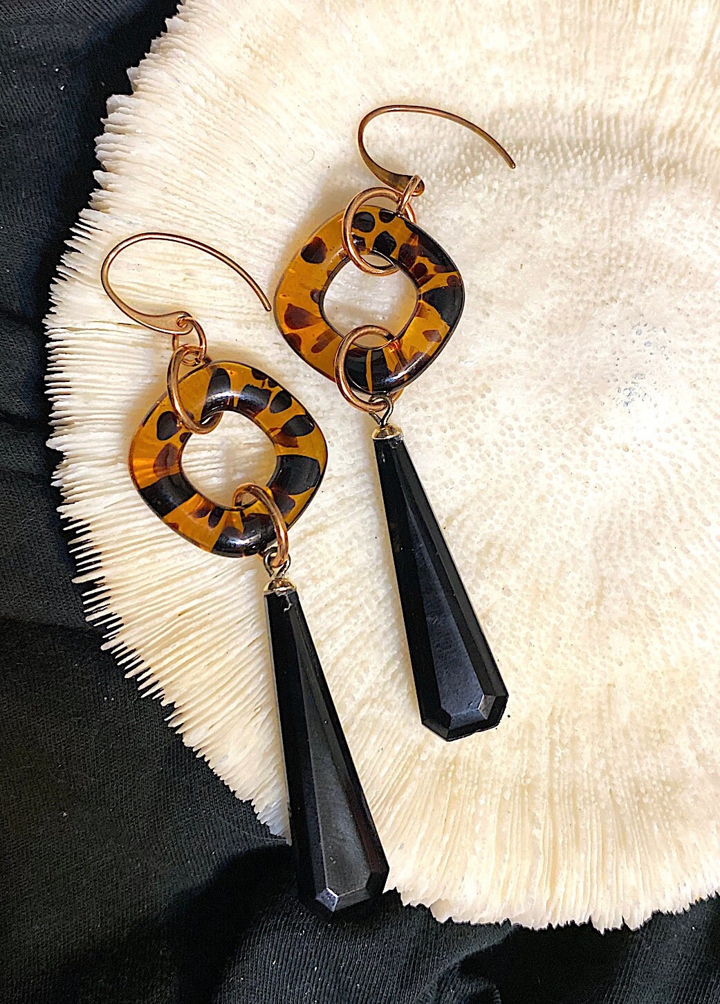 Boucles D'oreilles Vintage En Pâte De Verre Ambre & Noir - Pendantes Fantaisie