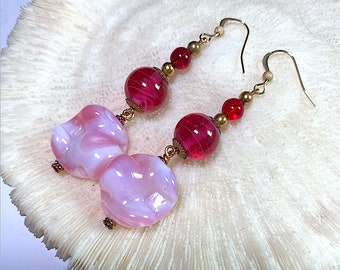 Vintage Japanese Pink and opal Ruffle Beaded Earrings with Rubino Pink Top Beads, Handmade Glass Dangles with Brass Ear Wires, 2 3/4" Tall