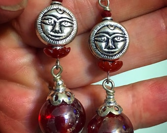 Sterling Silver Moon Face Beads with Vintage AB Red Glass Bead Dangles. 2D-13