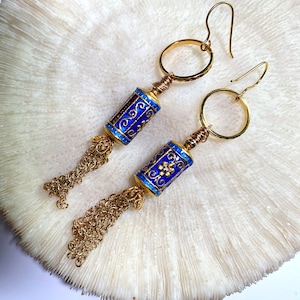 Vintage Handmade Cloisonné Flowering Bead Dangle Earrings, with Bright Brass Ring and Ear Wires, Approx.  3 1/2&quot;, E1-18