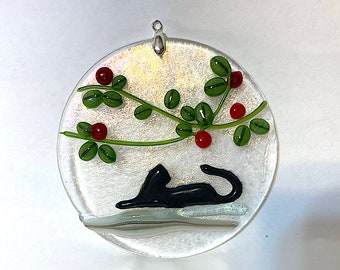 Cat Under The Holly Fused Ornament, Handmade Holiday, Christmas Ornament