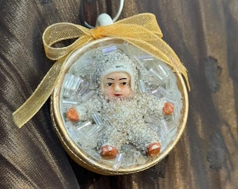 Antique Snow Baby Sitting in an Antique Teacup, Assemblage Ornament