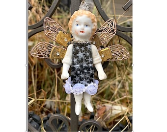 Porcelian Fairy Ornament, One of a kind assemblage doll