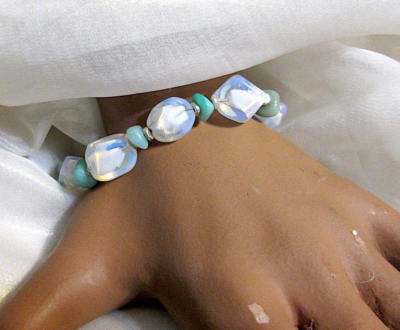 Opaline Glass Beaded Bracelet with Chalcedony Jade and Sterling