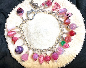 Handmade Pink Glass Bead Charm Bracelet with Sterling Heart Clasp, Vintage and Handmade Beads