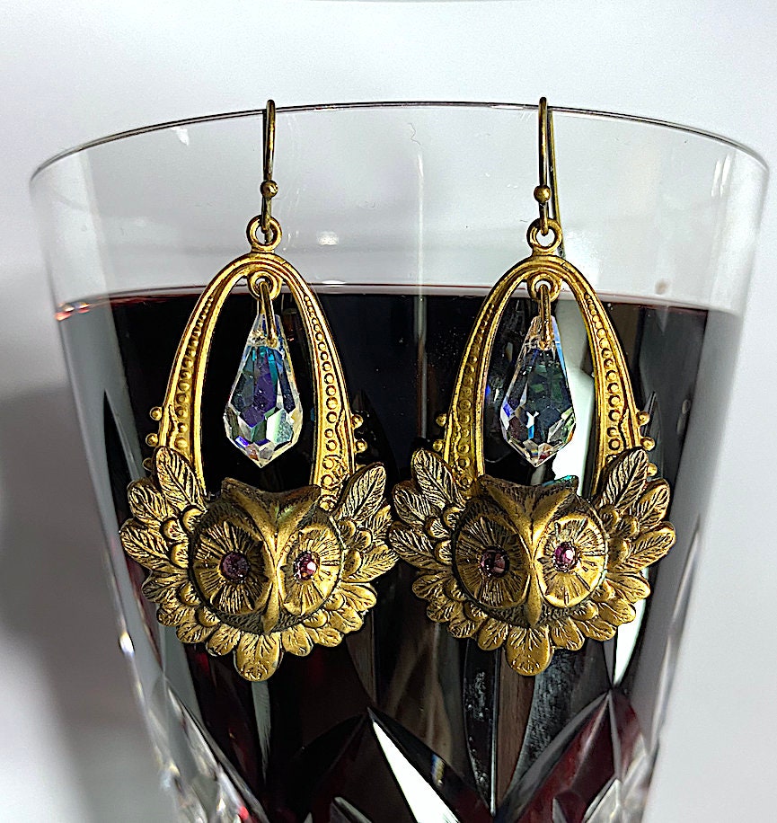Vintage Brass Owl Dangles with Swarovski Drop, 1E-22