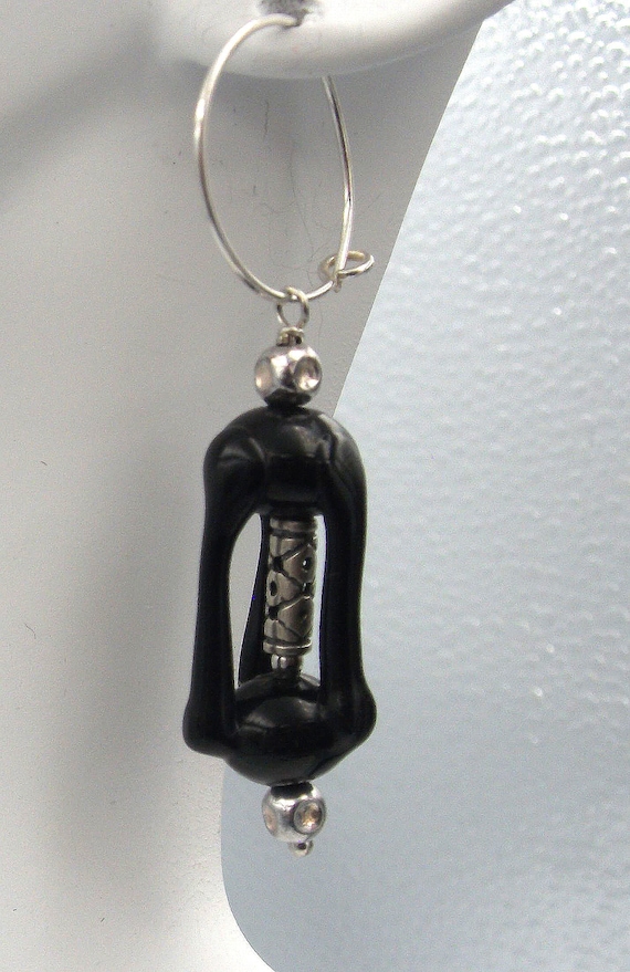 Black Handmade Glass Cage Earrings with Silver Cen