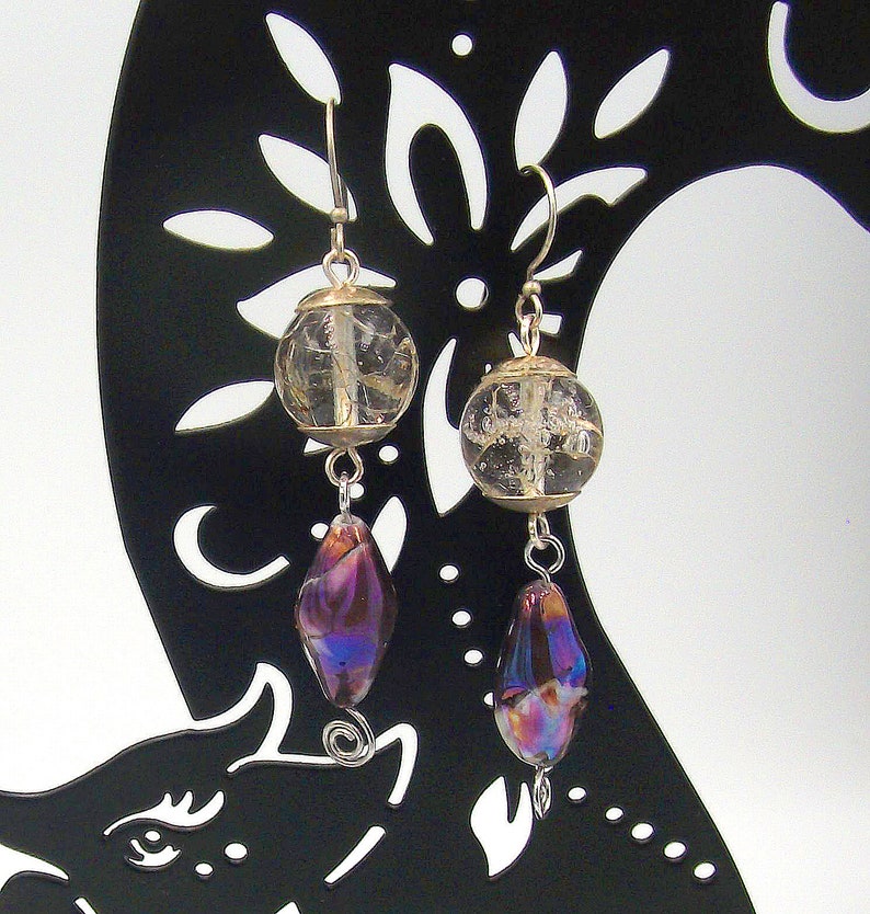 perles de verre vintage crépitantes avec argent sterling sur perles de forme libre irisées japonaises violettes et blanches, 2B-04 image 3