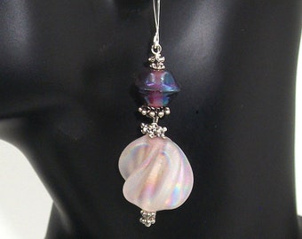 Iridescent Pink Glass Fin Bead Earrings with Purple Iridescent  and Sterling Silver, Vintage Japanese Beads, 1B-08