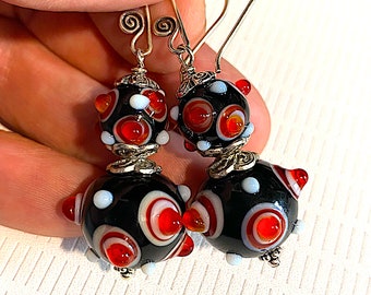 Festive Black, White and Translucent Red Handmade Bubble Bead Earrings with Sterling Silver, 2E-09