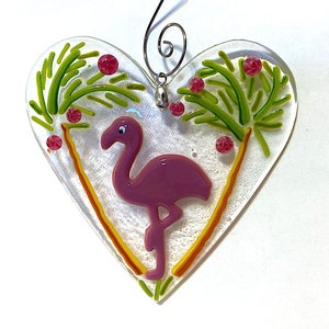 Pink Flamingo Under the Holiday Palm Trees Heart Fused Ornament, Handmade Holiday, Christmas Ornament