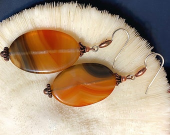 Black & Orange Onyx Dangles Earrings with Copper and Sterling Ear Wire, Approx 2 1/2", C1-05