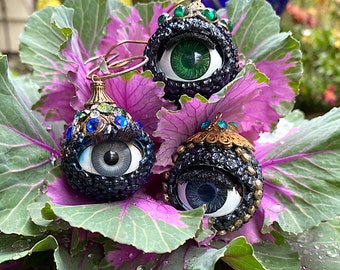 Keeping an Eye on You, Glass, Assemblage Ornament, Color Eyes, Gray, Green, Blue, Blinking Eye for Rear View Mirror