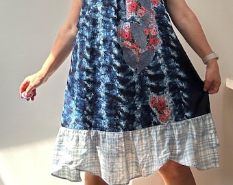 Size: 1X/ Trembling Child sundress/ Hand-dyed/Blue/Eco /Back ties Plus size/ Maternity/Rustic / Upcycled / Boho #320