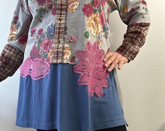 Size: 1X / #40/Raindance Affair of the Heart Tunic / Vintage doilies/Eco / Rustic / Upcycled / Boho / Country living / Cottage Chic