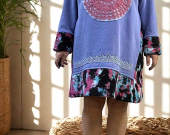 Size: XL-1X/#76/Upcycled sweatshirt /When Starlight Finds Us/Vintage doily/ antique lace/Boho/ Shabby Chic