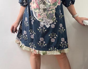 Size:  L-XL/#48/Upcycled dress/ Cotton/ Vintage lace/ Floral applique/ Bottom ruffle/Pockets/10.6/