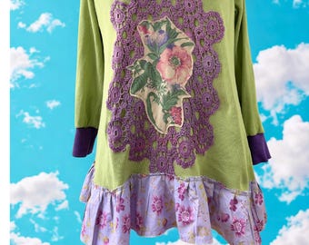 Size: XL/#88/Symphony cotton sweater / Hand dyed Vintage doily/Shabby Chic / Eco / Rustic / Upcycled / Boho / Country living /15.8/