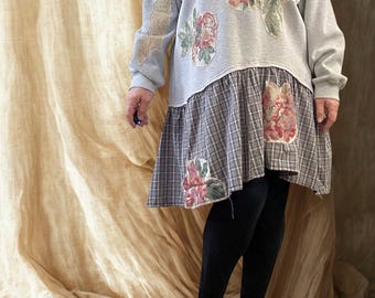 Size: 2X-4X/#79/ Last dance in Paris/Floral Applique Sweatshirt Dress/Antique Lace/Boho/ Shabby Chic