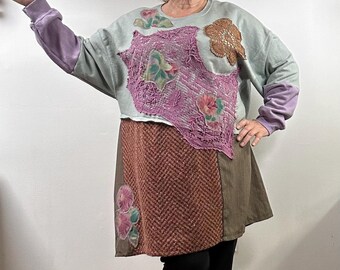 Size: 2X-3X/#84/Missing summer tunic/Upgraded new sweatshirts/ Hand dyed / Vintage cotton lace/Boho / Country living / Cottage Chic #68