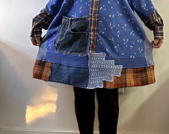 Size: 2X-3X/ #61/ A Geek’ s Nostalgia  cotton tunic/Pocket/Eco /  Upcycled / Boho / Country living / Cottage Chic