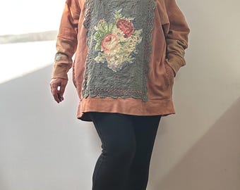 Size: XL- 1X/ #55/Adoring Nostalgia sweatshirt/Tunic/ New /Hand-dyed/ Vintage doilies/80% cotton