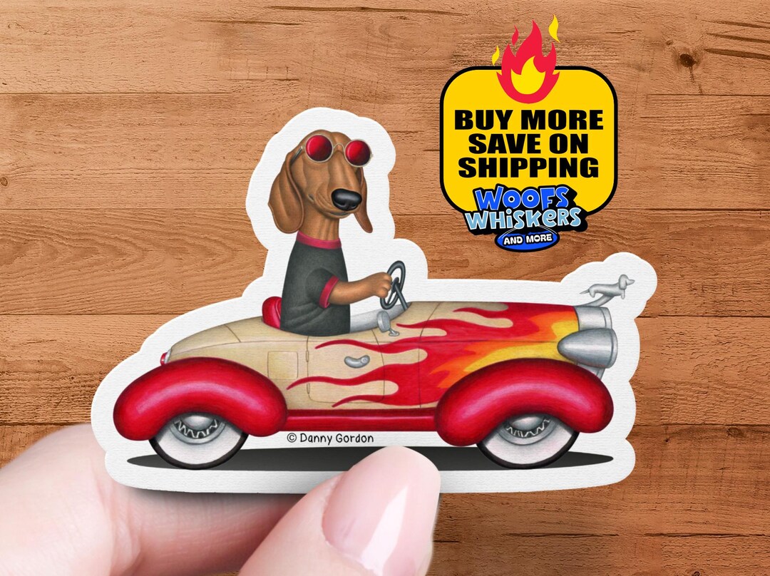 Hot Rod Car Sticker Dachshund Hot Rod Car Sticker, Retro Wiener Dog Flame Decal, Vintage ...