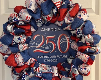 Red, White and Blue Ribbon Wreath with Blue Patriotic 250th Anniversary Accent Sign