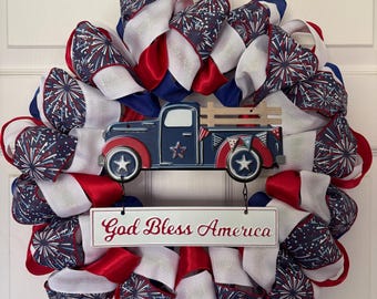 Patriotic Blue Truck God Bless American Wreath