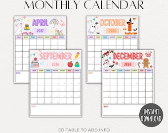 May include: A set of 12 editable and printable monthly calendar pages featuring seasonal illustrations for April, September, October, and December. The text includes MONTHLY CALENDAR, 12 PAGES | EDITABLE AND PRINTABLE, and INSTANT DOWNLOAD.