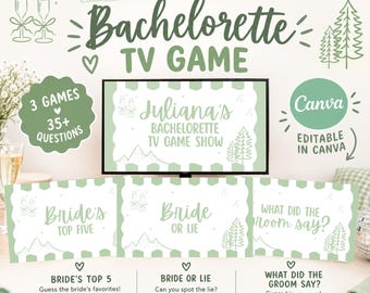 May include: A digital bachelorette party game set featuring the text The Ultimate Bachelorette TV Game. Includes three game slides titled Bride's Top Five, Bride or Lie, and What Did The Groom Say? with green and white graphics.