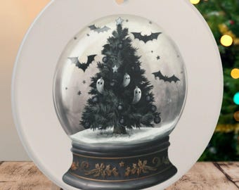 Gotische spookkerstboom sneeuwbol ornament, griezelige kerstdecoratie