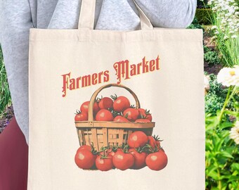 Sac fourre-tout en toile tomate Farmers Market, sac d'épicerie réutilisable de style vintage