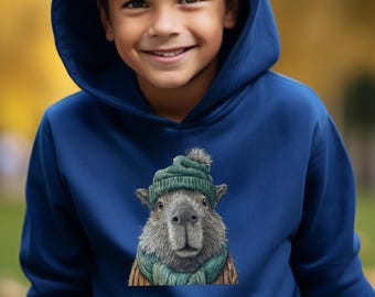 Youth Capybara Hoodie: Winter Animal Design Kid's Sweatshirt