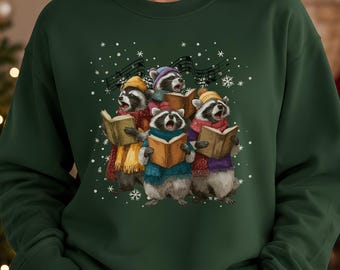 Sudadera o camiseta navideña divertida de mapaches cantando villancicos