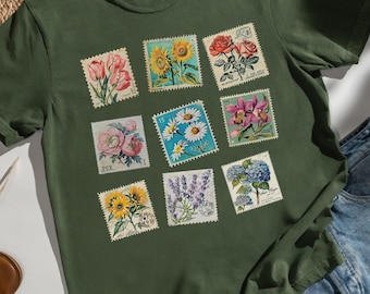 Vintage Floral Stamp Collage T-Shirt: Cottagecore Botanical Design