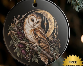 Celestial Barn Owl Ornament, Gothic Moon Christmas Tree Decoration Dark Academia Decor