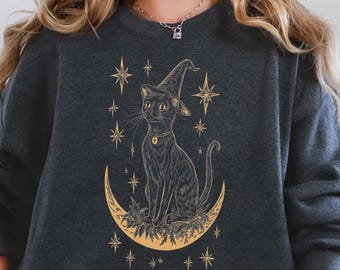 Witch Cat Moon Sweatshirt, Celestial Black Cat Crewneck
