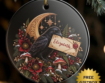 Personalized Raven Ornament, Custom Name Raven Gift, Gothic Christmas Ornament, Love Letter Ornament, Celestial Raven Decor, Soft Goth Gift