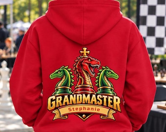 Personalized Chess Grandmaster Hoodie: Dragon Graphic, Custom Name (Youth Apparel)