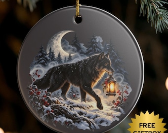 Moonlit Wolf Christmas Ornament, Winter Woodland Decor, Wildlife Gift