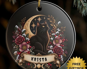 Personalized Black Cat Ornament Gothic Christmas Ornament Custom Name Cat Lover Gift Witchy Moon Decor Celestial Cat Holiday Keepsake