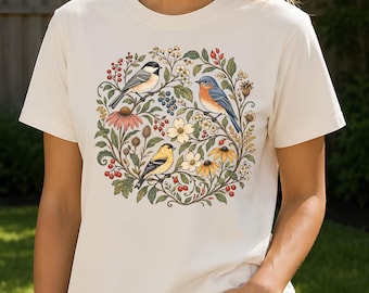 Vintage Folk Art Bird Shirt, Botanical Wildflower T-Shirt, Cottagecore Nature Tee