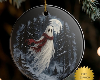 Ghost in Winter Forest Ceramic Ornament | Halloween Christmas Decor