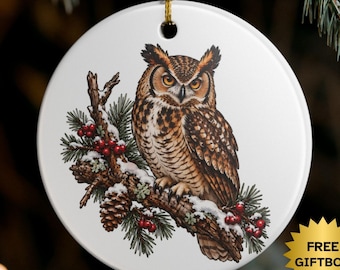 Great Horned Owl Christmas Ornament, Woodland Bird Tree Decoration, Winter Decor